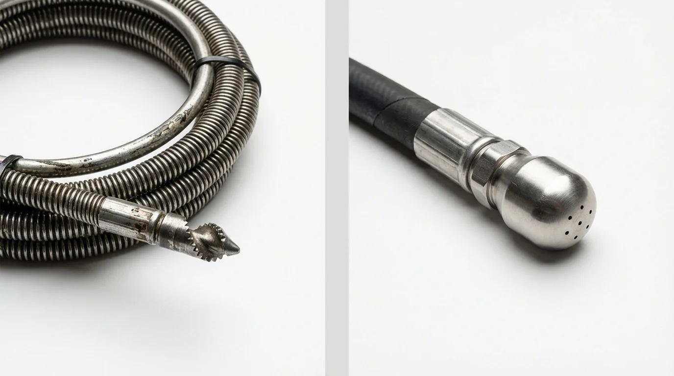 Drain snake cable and hydro jetting nozzle used for drain cleaning in Steele, ND