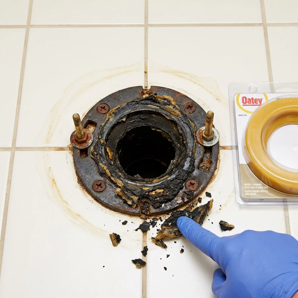 Failed wax ring showing water seepage at the base of a toilet in a Steele, ND home