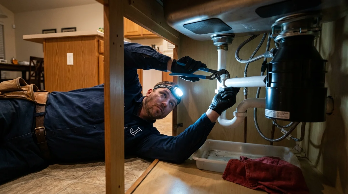P-trap and supply line connections under a kitchen sink showing a common leak point in Steele, ND